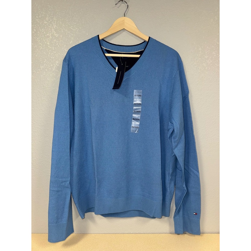 Tommy Hilfiger Mens Merino Wool V-Neck Sweater Light Blue XL NWT Classic Fit